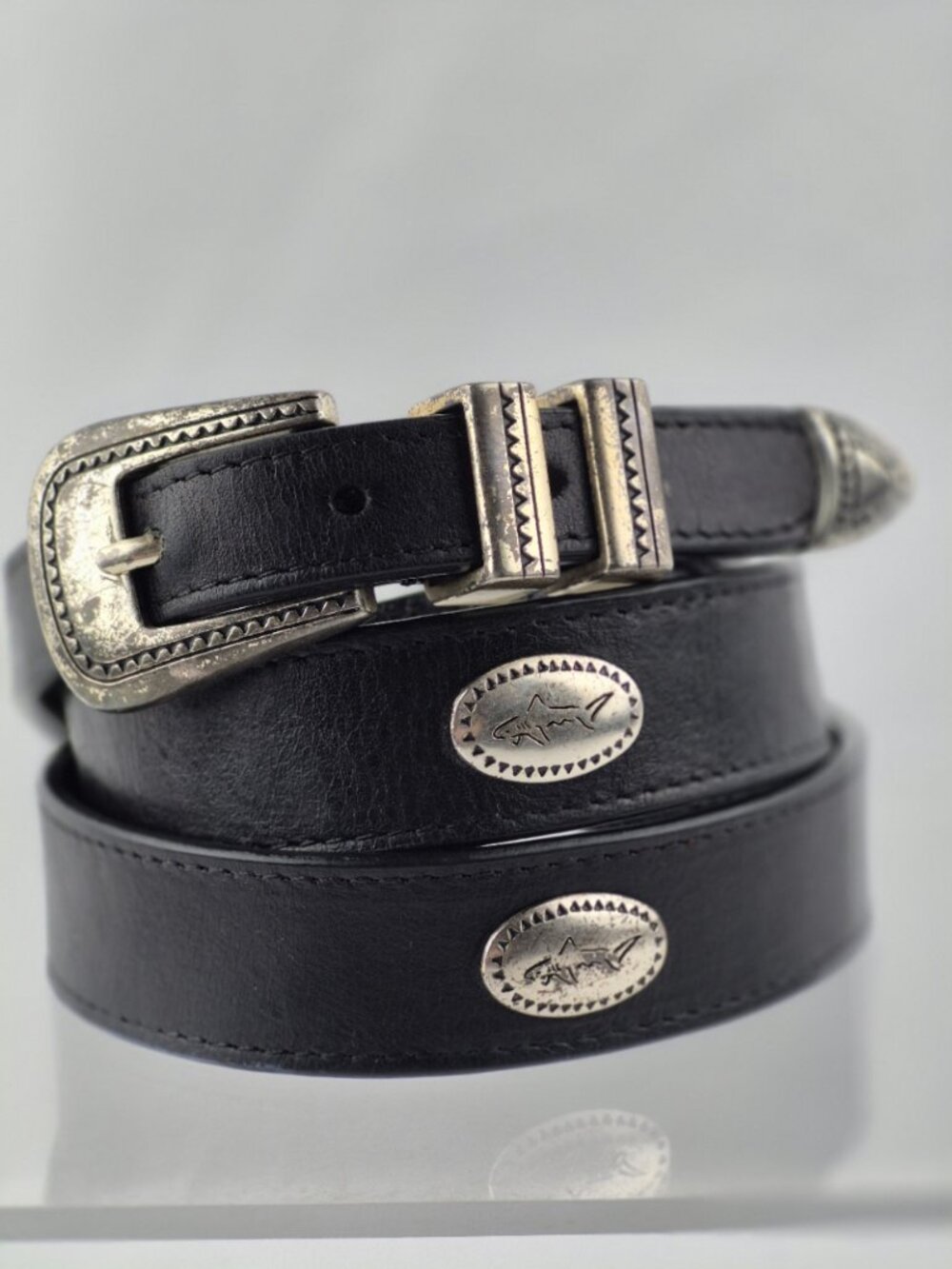 Vtg Greg Norman "The Shark" Western Concho Black Italian Leather Belt Size 40